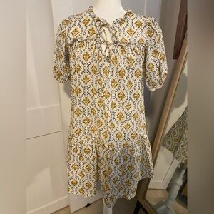 Anthropologie Moon River Beige Mustard Tied Ruffle Boho Mini Baby Doll Dress S